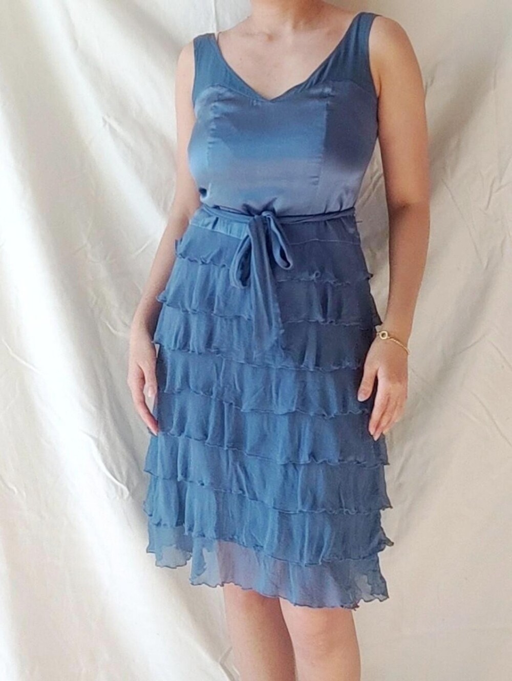Tristan Blue Grey Silk Ruffled Dress